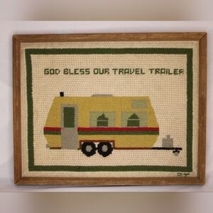 Vintage "God Bless Our Travel Trailer" Latch Hook Framed Wall Hanging